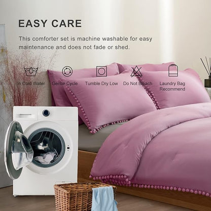 MUKKA Queen Comforter Set 5- Piece Comforter Queen Size Hot Pink, Boho Pom Pom Fringe Comforter Sets Queen Size, Bedding Comforter Sets with 2 Pillowcases 2 Pillowshams