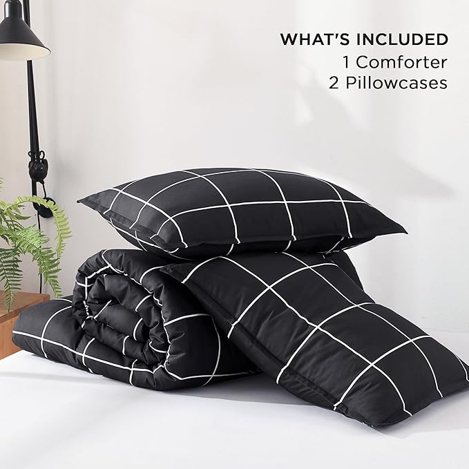 Andency Black Grid Comforter Set Queen(90x90Inch), 3 Pieces (1 Plaid Comforter and 2 Pillowcases) Black Plaid Comforter Set, Lightweight Microfiber Gingham Geometric Comforter Bedding Set