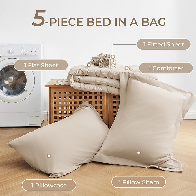 Sasttie Twin Comforter Set, 5 Pieces Bed in a Bag Twin, Complete Bedding Set Includes Comforter, Flat Sheet, Fitted Sheet, Pillowcase and Pillow Sham, Beige