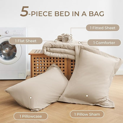 Sasttie Twin Comforter Set, 5 Pieces Bed in a Bag Twin, Complete Bedding Set Includes Comforter, Flat Sheet, Fitted Sheet, Pillowcase and Pillow Sham, Beige