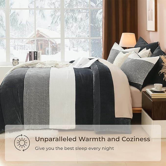 Litanika Fluffy Fleece King Size Comforter Set, Luxury Soft Plush Fuzzy Grey White Stripe Bedding Comforter Sets, Warm Shaggy Faux Fur Bed Set All Season (1 Comforter, 2 Pillowcases)