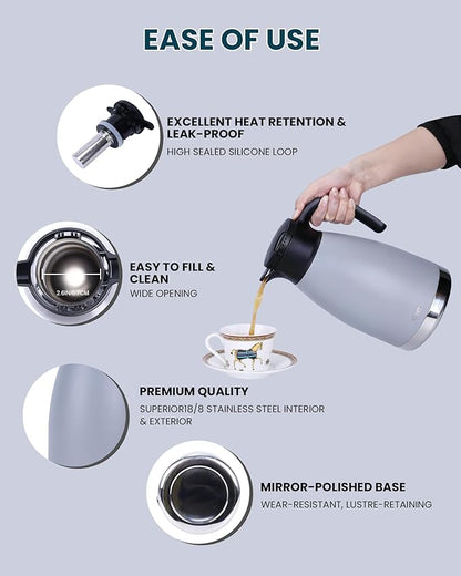 GiNT 74oz Large Thermal Coffee Carafe with Infuser–Insulated Tea Carafe, Removable Filter, Dishwasher-Safe|2.2L 10+ Cups,Wide Mouth,Dual Seal|Stainless Steel Beverage Server for Office&Events
