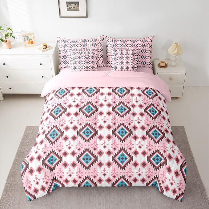 Erosebridal Boho Aztec Bed in A Bag Twin 7 Pcs Bohemian Southwestern Comforter Set for Kids Girls Western Ethnic Tribal Mexican Bedding Sets Pink Cowgirl Geometric Diamond Sheet Set with Comforter