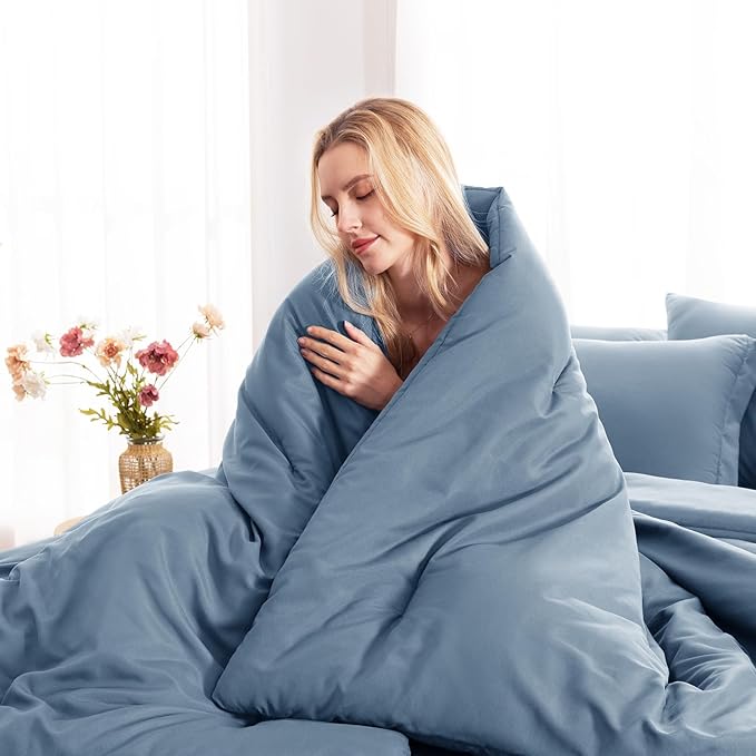 CozyLux Full Comforter Set Grayish Blue, 7 Pieces Bed in a Bag Bedding Comforter Set with Sheets, All Season Boho 7PC Bed Sets with Comforter, Fitted Sheets, Flat Sheets, Pillow Shams and Pillowcases