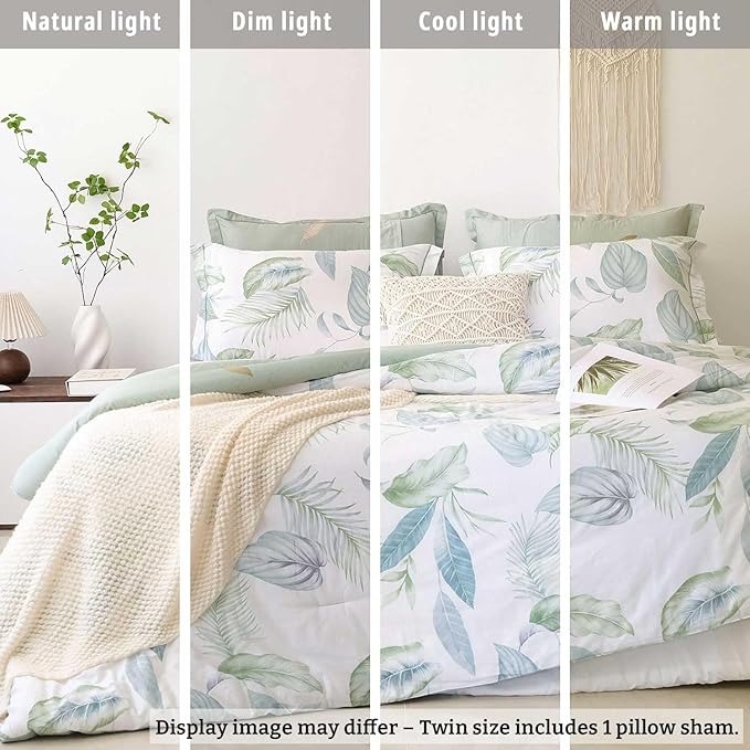 Botanical Cotton Comforter Twin Size - Sage Green Comforter Printed with Leaves & Ferns on White,Reversible Lightweight Bedding Sets 2Pcs(Leaves,68"×90")