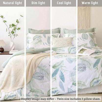 Botanical Cotton Comforter Twin Size - Sage Green Comforter Printed with Leaves & Ferns on White,Reversible Lightweight Bedding Sets 2Pcs(Leaves,68"×90")