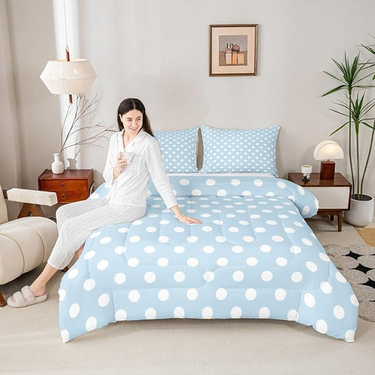 Manfei Polka Dots Kids Comforter Set,French Style Dots Cartoon Blue White Bedding Set All Season,Modern Geometric Circles Abstract Simple Art Comforter 2 Pcs with 1 Pillowcase,Twin Size