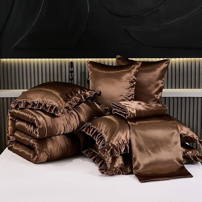 Silky Comforter Set with Sheet Set Queen 8 Pcs Borwn Bed in a Bag Dark Coffee Bedding Set Silk Like Satin Ruffle Home Deocr Sexy Hotel Silky Bed Set with 1 Cushion Cover