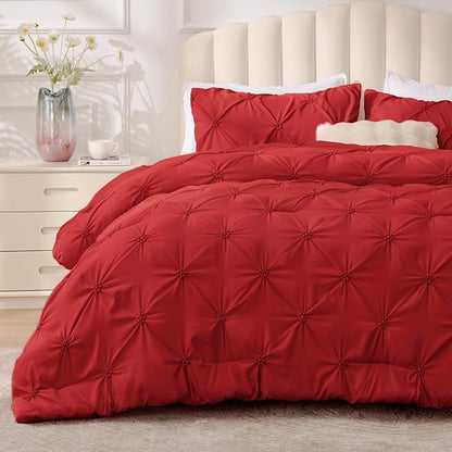 BEDELITE Red Queen Comforter Set - 3 Pieces Boho Pintuck Bedding Comforter Sets, Lightweight Soft & Warm Bed Comforter Queen with 2 Pillowcases for All Season