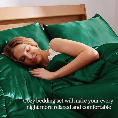 Whale Flotilla 3-Piece Reversible Silky Soft Queen Comforter Bedding Set, Luxurious Satin Comforters Full Size with 2 Satin Pillowcases, Lightweight Duvet for All Seasons, Deep Green
