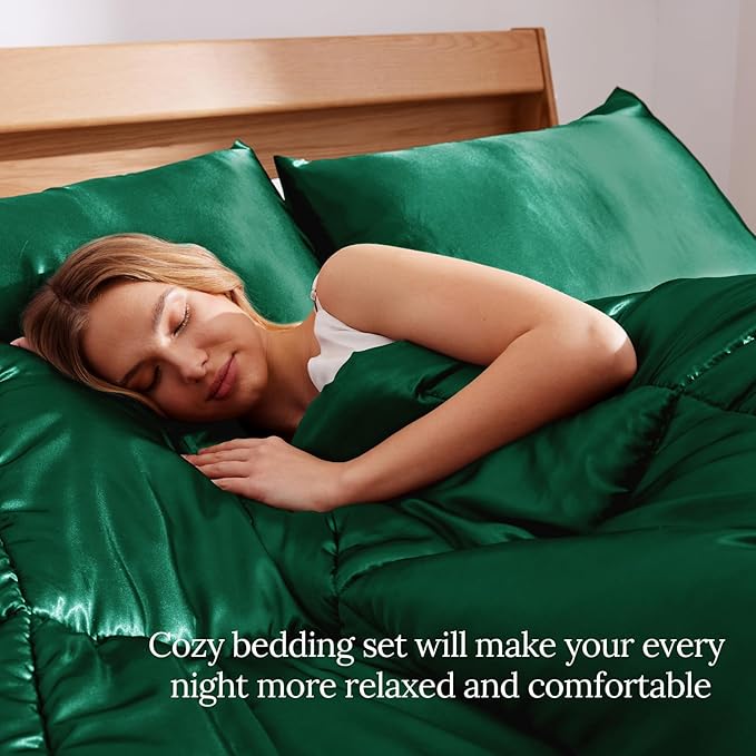 Whale Flotilla 3-Piece Reversible Silky Soft King Size Comforter Bedding Set, Luxurious Satin Comforters Oversized with 2 Satin Pillowcases, Lightweight Duvet for All Seasons, Deep Green