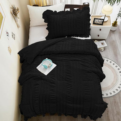 WONGS BEDDING Comforter Full Size, Black Ruffle Comforter for Dorm Room Essentials for Full Bed, Soft Seersucker Textured Bedding Set Full Size Comforter Sets for Girls 90"×78"