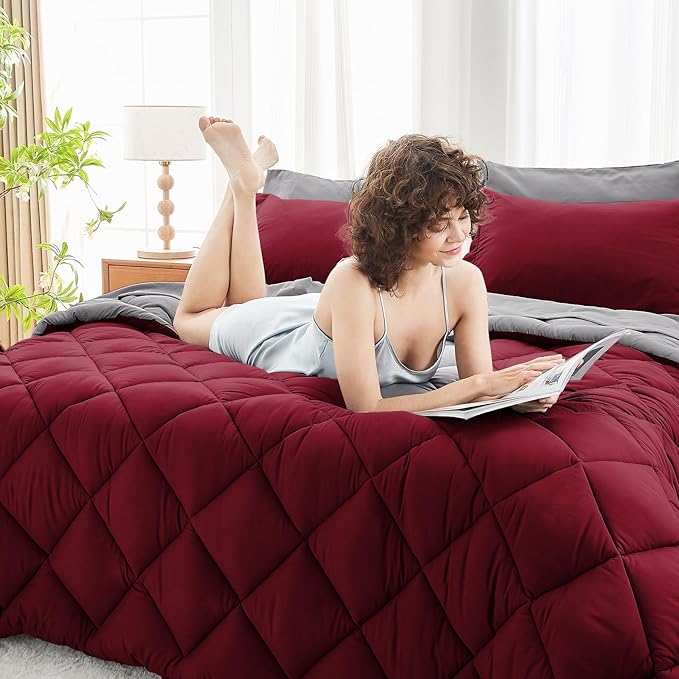 MUXHOMO 5 Pieces Twin Comforter Set, Reversible Bed in a Bag Twin Size, All Season Bedding Set with Comforter, Flat Sheet, Fitted Sheet, Pillowcases & Shams, Burgundy & Grey