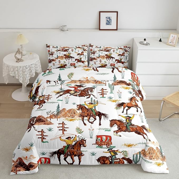 Feelyou Western Decor Comforter Queen Size Wild Western Cowboy Cowgirl Comforter Set for Boys Girls Children Horse Desert Rodeo Cowboy Style Bedding Set Room Decor Brown Duvet Set 3Pcs