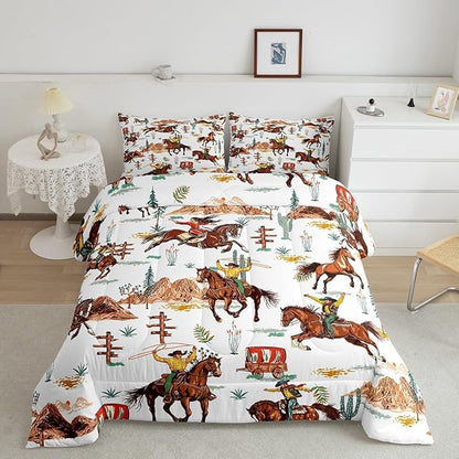 Feelyou Western Decor Comforter Queen Size Wild Western Cowboy Cowgirl Comforter Set for Boys Girls Children Horse Desert Rodeo Cowboy Style Bedding Set Room Decor Brown Duvet Set 3Pcs