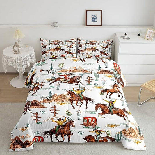 Feelyou Western Decor Comforter Queen Size Wild Western Cowboy Cowgirl Comforter Set for Boys Girls Children Horse Desert Rodeo Cowboy Style Bedding Set Room Decor Brown Duvet Set 3Pcs