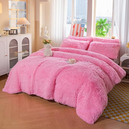 chovy Faux Fur Plush Pink Comforter Sets Twin/Full Size - Ultra Soft Shaggy Flannel Velvet Fluffy Fuzzy 3PC Bedding Set （Comforter x 1 Pillowcases x 2）