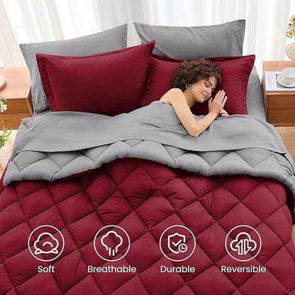 MUXHOMO 7 Pieces Full Comforter Set, Reversible Bed in a Bag Full Size, All Season Bedding Set with Comforter, Flat Sheet, Fitted Sheet, Pillowcases & Shams, Burgundy & Grey