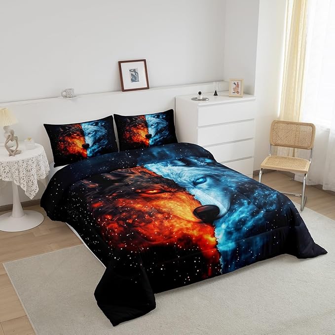 Wolf Ice Fire Comforter Full for Kids Adults Youth,Wildlife Galaxy Exotic Wolf Quilt Comforter Room DecorShining Sky Mystery Universe Quilted Duvet Duvet Insert,2 Pillowcases