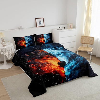 Wolf Ice Fire Comforter Toddler for Kids Adults Youth,Wildlife Galaxy Exotic Wolf Quilt Comforter Room DecorShining Sky Mystery Universe Quilted Duvet Duvet Insert,1 Pillowcase