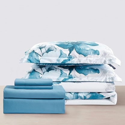 Sunshine Nicole Soft Brushed Microfiber Comforter Set, 7 Pieces King, with Light Weight Soft Poly Fill, Printed Teal Grey Big Florals Face with Print Reverse