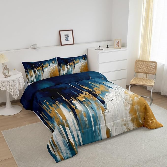 Erosebridal Navy Blue White Gold Comforter Set Full Brush Strokes Oil Painting Bedding Set, Gradient Abstract Bedding Comforter Sets Ombre Graffiti Duvet Set, Contemporary Modern Quilted Comforter