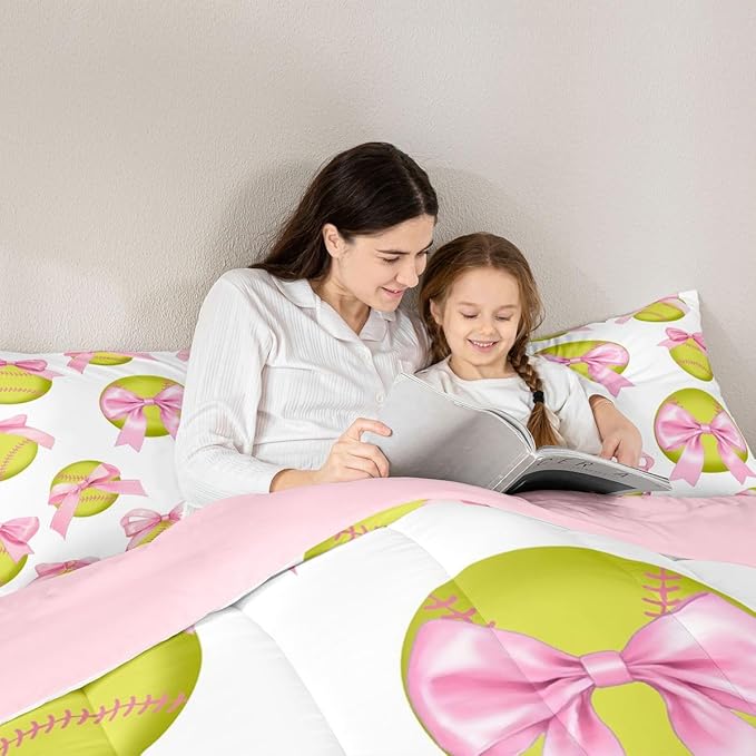 Cute Softball Comforter Set Queen Size,Pink Bowknot Print Bedding Sets 3Pcs for Kids Girls Boys Women Room Decor,Ball Sports Gaming Quilted Duvet Softball Player Down Comforter,2 Pillowcases