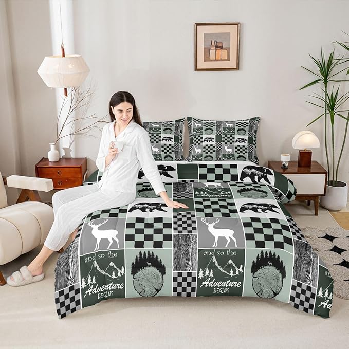 Rustic Cabin Lodge Bedding Full Size, Bear Deer Wildlife Comforter Set For Kids Teens Adult, Country Forest Hunting Wild Animal Duvet Insert Retro Plaid Patchwork Down Comforter Farmhouse Decoration