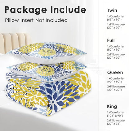 Comforter Set King Size, Spring Floral Navy Blue Soft 3 Pcs Bedding for Kids and Adults, Gray Yellow Flower Comforter Set with 2 Pillowcases, for Bedroom Bed Decor