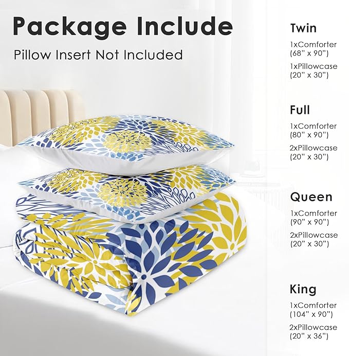 Comforter Set Twin Size, Spring Floral Navy Blue Soft 2 Pcs Bedding for Kids and Adults, Gray Yellow Flower Comforter Set with Pillowcase, for Bedroom Bed Decor