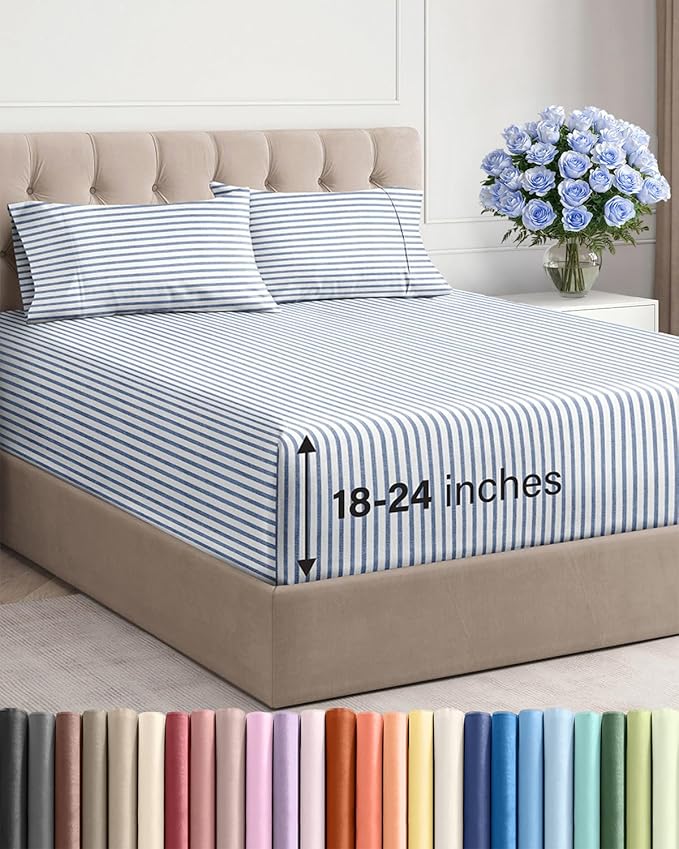Extra Deep Twin XL Sheet Set - 4 Piece Breathable and Cooling Sheets - Hotel Luxury Bedding for Women, Men, Kids & Teens - Easy Secure Fit - Soft & Wrinkle Free with Extra Deep Pockets - Blue Stripes