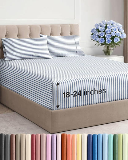 Extra Deep Twin XL Sheet Set - 4 Piece Breathable and Cooling Sheets - Hotel Luxury Bedding for Women, Men, Kids & Teens - Easy Secure Fit - Soft & Wrinkle Free with Extra Deep Pockets - Blue Stripes