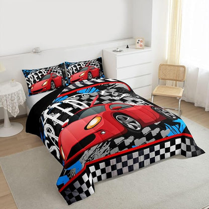 Feelyou Boys Race Car Bedding Set Cool Race Sports Car Set Comforter Set for Kids Boys Sports Duvet Set Checkered Comforter Red 1 Comforter Set with 2 Pillowcases King Size Boys