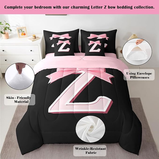 jejeloiu Kawaii Pink Bow King Comforter Set with Sheets,Gifts for Women Teen Girl,Monogrammed 7 Piece Bedding Set,Soft Personalized Initial Letter Z Bed in a Bag with Comforter,Sheets,Pillowcases