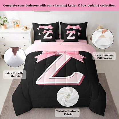 jejeloiu Kawaii Pink Bow King Comforter Set with Sheets,Gifts for Women Teen Girl,Monogrammed 7 Piece Bedding Set,Soft Personalized Initial Letter Z Bed in a Bag with Comforter,Sheets,Pillowcases
