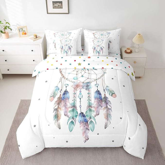 Erosebridal Bohemian Dreamcatcher Bedding Comforter Sets Hippie Boho Dream Catcher Bed in a Bag 7pcs, White Bedding Set Tribal Nordic Feathers Full Size Comforter Set, Exotic Style Ethnic Bed Set