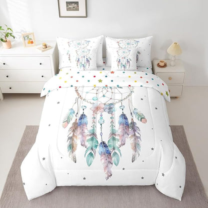 Erosebridal Bohemian Dreamcatcher Bedding Comforter Sets Hippie Boho Dream Catcher Bed in a Bag 7pcs, White Bedding Set Tribal Nordic Feathers Full Size Comforter Set, Exotic Style Ethnic Bed Set