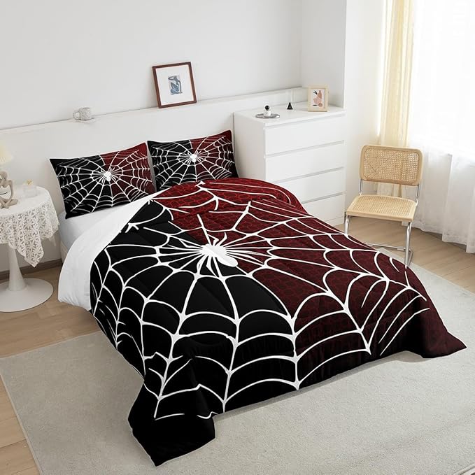 Spider Web Comforter Set Queen Size, Black and Red Halloween Bedding Set 3pcs, White Spider Arachnid Insect Animal Down Comforter for All Season, Kids Boys Teens Room Decor, 2 Pillowcases, No Sheets