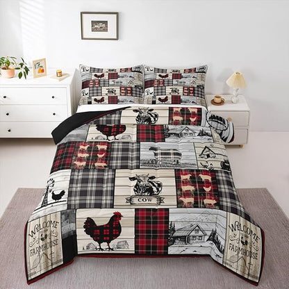 Rustic Farm Animal Comforter Set Retro Buffalo Plaid Farmhouse Cabin Bedding Sets Full Country Sheep Chicken Cow Print Comforter For Lodge,Patchwork Grid Windmill Quilt Set Red Black Grey 3 Pcs