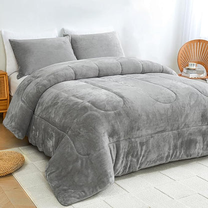 Faux Fur Comforter Set, Ultra Soft Warm Plush Velvet Comforter, Fluffy Fuzzy Fleece Bedding Comforter Sets for Fall Winter, No Shedding, 3PC, Queen Size, Light Grey
