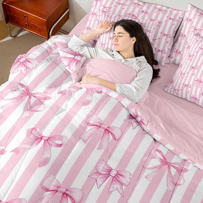 Erosebridal Pink Bow Stripe Bowknot Girls King 7-Piece Comforter Set | Ribbon Cute Kawaii Sheets and Pillowcases Dreamy White Bed in A Bag Kids Teens Women Bed Sets