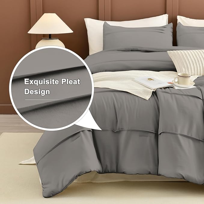 Masaca Grey Oversized King Comforter 128x120,Pinch Pleated Extra Large King Size Bedding Comforter,Farmhouse Boho Bedding 3PCS (1 Gray Comforter+2 Pillow Shams)