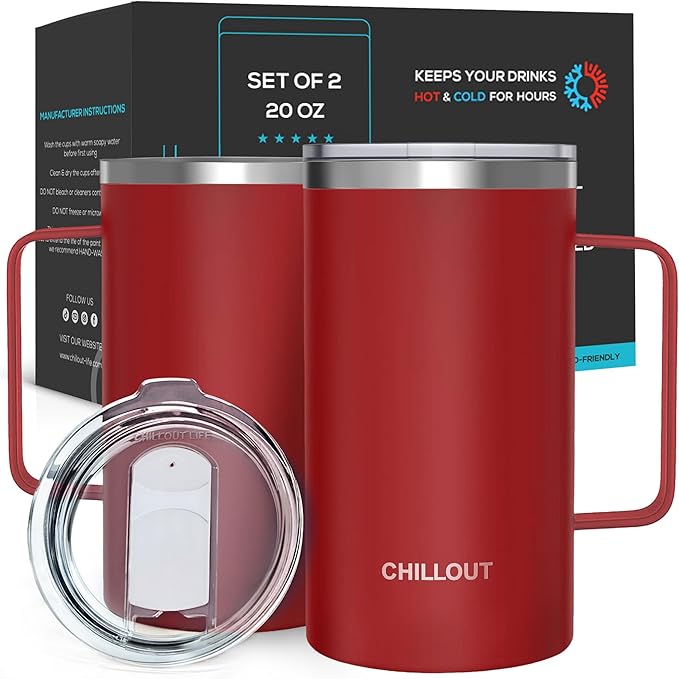 CHILLOUT LIFE Stainless Steel Vacuum Insulated Coffee Mug 20 oz (Set of 2) with Handle and Lid, Large Thermal Camping Coffee Mugs with Sliding Lid for Men & Women, Keeps Your Beverages Hot & Cold