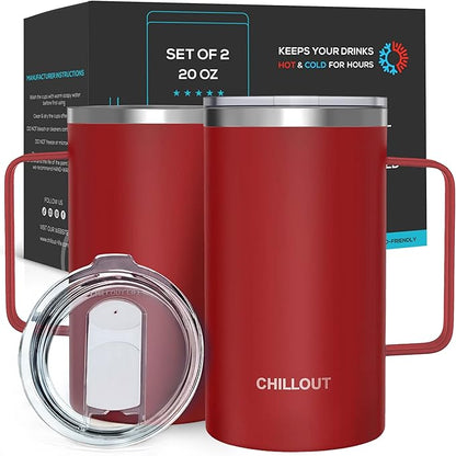 CHILLOUT LIFE Stainless Steel Vacuum Insulated Coffee Mug 20 oz (Set of 2) with Handle and Lid, Large Thermal Camping Coffee Mugs with Sliding Lid for Men & Women, Keeps Your Beverages Hot & Cold