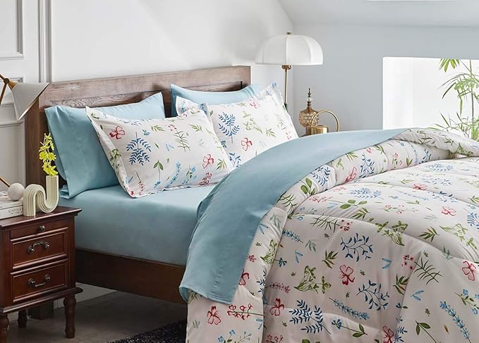 White Floral Comforter Sheet Set 7 Pieces Bed in a Bag King Size Green Blue Leaves with Red Flowers Reversible Bedding Set (1 Comforter 2 Pillow Shams 1 Flat Sheet 1 Fitted Sheet 2 Pillowcases)