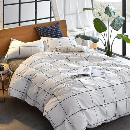 CLOTHKNOW White Plaid King Size Comforter Set 3Pcs Grid Bedding Comforter Sets All Season Checker Comforter with 2 x Pillowcases