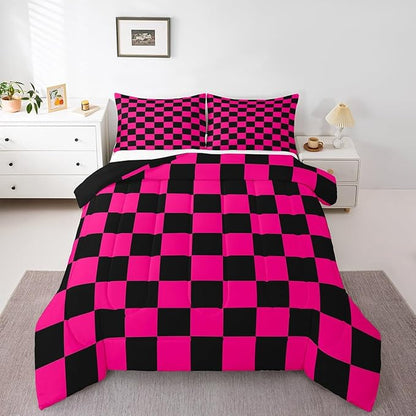 Feelyou Checkered Bedding Set Teen Women Men Dark Red Black Plaid Comforter Set King Size Kids Boys Girls Cute Retro Neutral Checkerboard Geometric Duvet Insert Vintage Aesthetic Room Decor