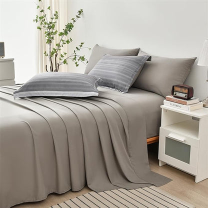 KAKIJUMN 7 Piece Bed in a Bag Stripe Comforter Set Full Size, White Grey Patchwork Striped Comforter and Sheet Set, All Season Soft Microfiber Complete Bedding Set(Light Grey,Full)