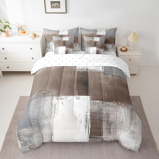 Erosebridal Brown White Grey Bed in a Bag 7 Pieces Graffiti Bedding Comforter Sets with Flat Sheet and Fitted Sheet, Watercolor Full Bedding Sets with Pillowcases and Throw Pillow Covers