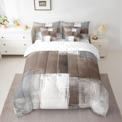 Erosebridal Brown White Grey Bed in a Bag 7 Pieces Graffiti Bedding Comforter Sets with Flat Sheet and Fitted Sheet, Watercolor King Bedding Sets with Pillowcases and Throw Pillow Covers